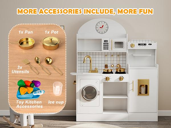 Kids Play Kitchen Set with Sound & Light Pretend Wooden Playset for Kids Age 3+ Includes Oven Washing Machine & Toy Coffee Station