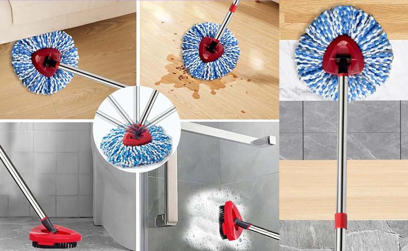 Spin Mop Replace Heads for O Cedar Rinse Clean 2 Tank System, Spin Mop Replacement Head 4 Microfiber Mop Refills, 1 Triangle Head Cover and 30-58in Handle 1 1Scrub Brush