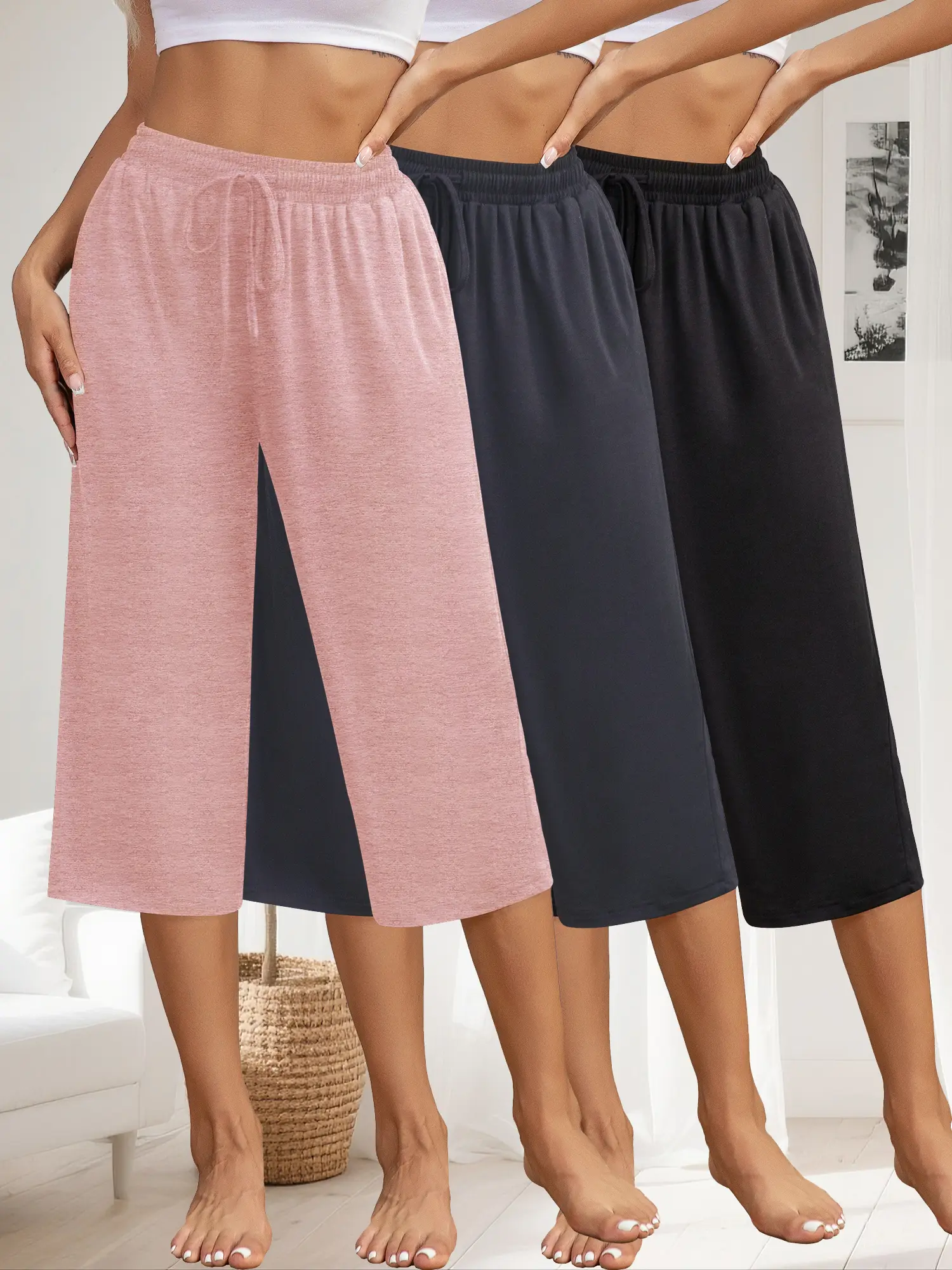Women's 3 Pack Capri Pants, Soft Viscose Blend Wide Leg Sweatpants with Pockets and Drawstring Waist, Casual Loungewear Bottoms