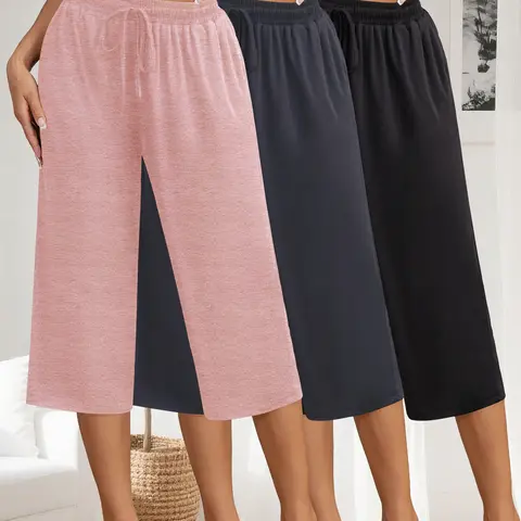 Women's 3-Pack Adjustable Wide-Leg High-Waist Capri Sweatpants - Soft Viscose Blend, Elastic Drawstring Waist, Pockets, Cool & Breathable, Wide-Leg Drape, Chic Sleek Look, Gym-To-Lounge Casual Loungewear Bottoms