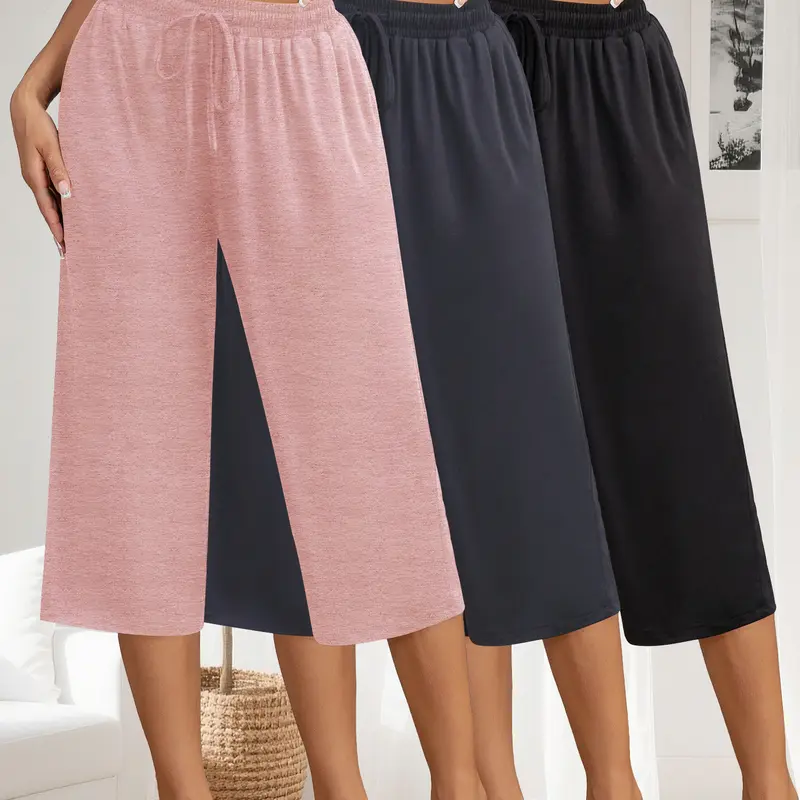 Women's 3-Pack Adjustable Wide-Leg High-Waist Capri Sweatpants - Soft Viscose Blend, Elastic Drawstring Waist, Pockets, Cool & Breathable, Wide-Leg Drape, Chic Sleek Look, Gym-To-Lounge Casual Loungewear Bottoms