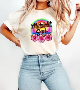 Midnight Sun Retro Beach Sunset Shirt | Pink Hibiscus Flower Graphic Tee | Vintage Summer Vacation Shirt | Unisex Soft Cotton Crewneck