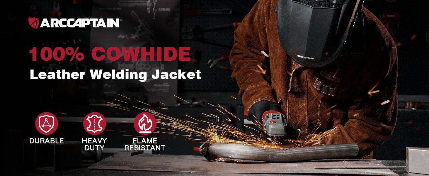 Heavy Duty Cowhide Welding Jacket Brown Leather Coat with Durable Pockets and Secure Fastening