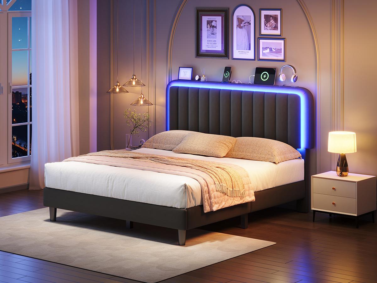 TryLazy【 LED 】 Bed Frame with USB Charging Station App Controlled Adjustable Headboard Lighting Modern Upholstered Platform No Noise No Box Spring Bedroom Furniture Gift