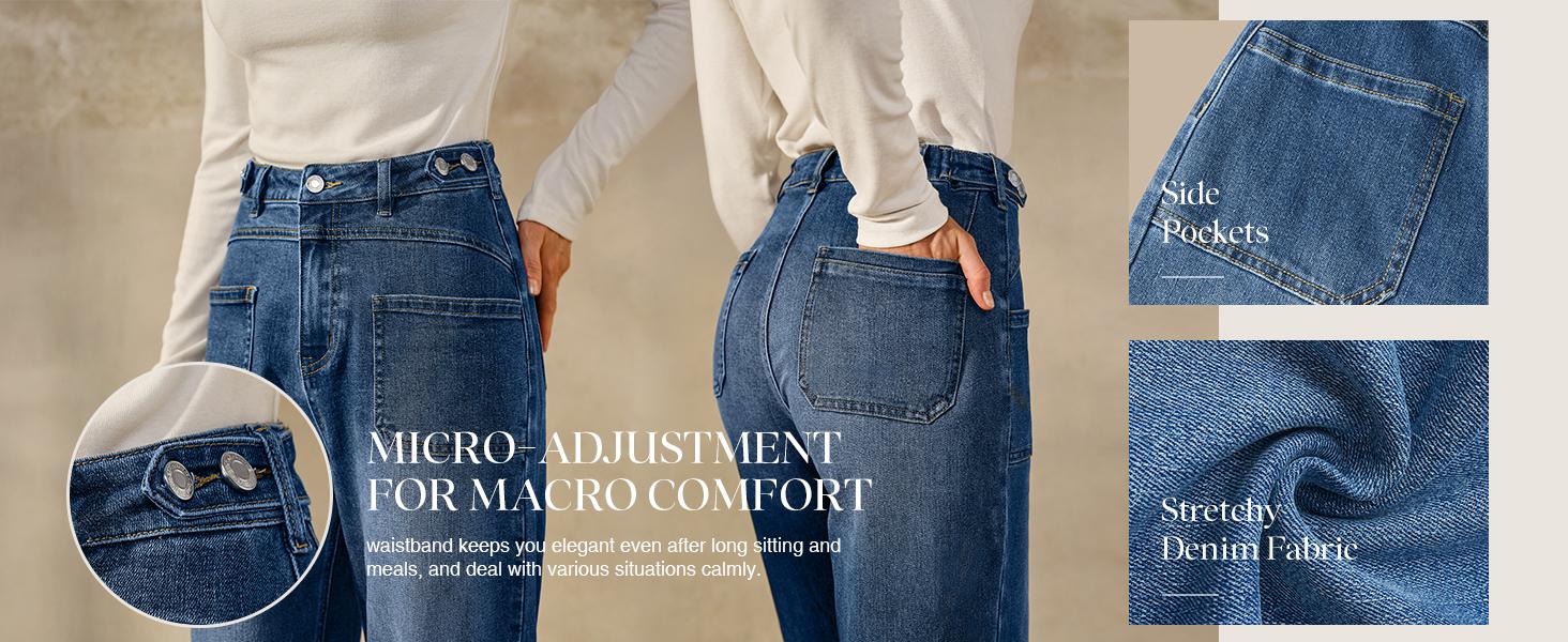 Arach&Cloz Women's Denim Adjustable Waist Buttons High Waisted Wide Leg Jeans 2026