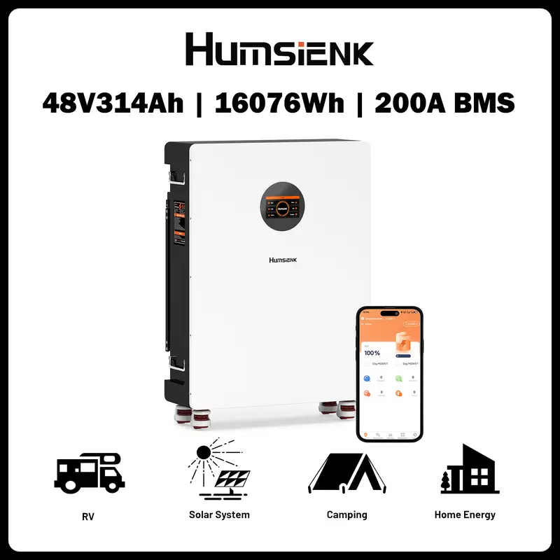 【Truck Delivery】HumsiENK 48V 314Ah LiFePO4 Lithium Battery - Offgrid power & Solar System Compatible, Bluetooth, Active Balancing, Wall-Mounted, 16kWh, 200A BMS, LCD Monitor, Grade A Cells, 15000+ Cycles, 10-Year Lifespan for Home Energy Storage