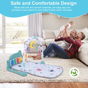 Baby Play Mat with Piano Keyboard &amp; Deatchable Hanging Toys, Kick and Play Musical Activity Gym, Tummy Time Crawling Mat for Infants 0-12 Months, 4 Colorful Hanging Toys and Sun Flower Mirror