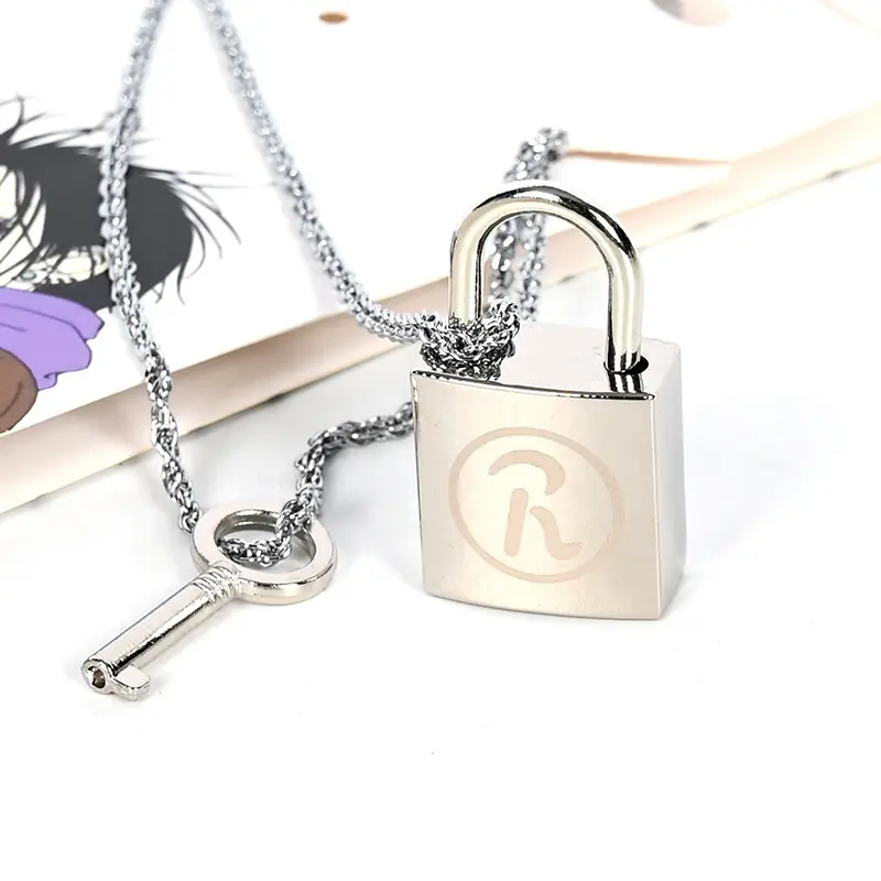 Anime NANA Oosaki Nana Honjo Ren R Lock & Key Necklace Punk Couple Pendant Double Chain Necklaces Cosplay Jewelry Fans Gift, Couple Lock Key