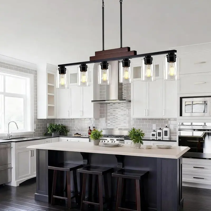 6-Light Linear Chandeliers, Farmhouse Dining Room Light Fixture Over Table, Pendant Lights Kitchen Island Lighting, Wood Ceiling Light Fixture with Clear Glass Shade(No Blubs)
