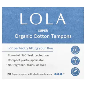 Lola Organic Cotton Tampons with Plastic Applicators, Super, 20 Tampons