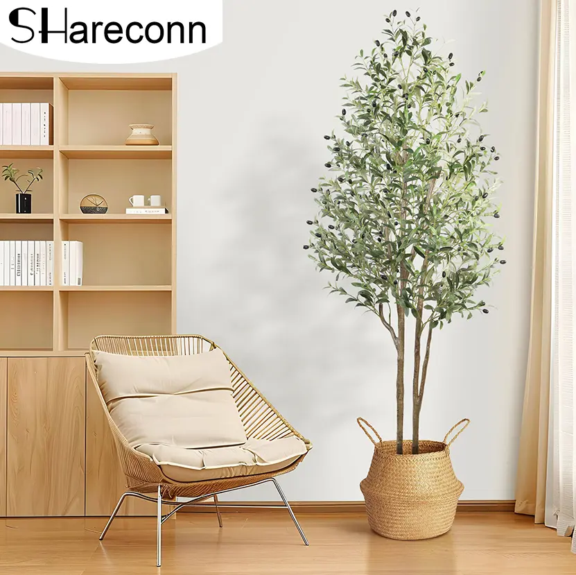 SHareconn 5/6/7FT Double Rod Artificial Olive Tree in Pot - Natural Woody Trunk, Realistic Olives, Wooden Base, Botanical Aesthetic Artificial Plant for Home Decoration, Wardrobe Decor, Nature Gift