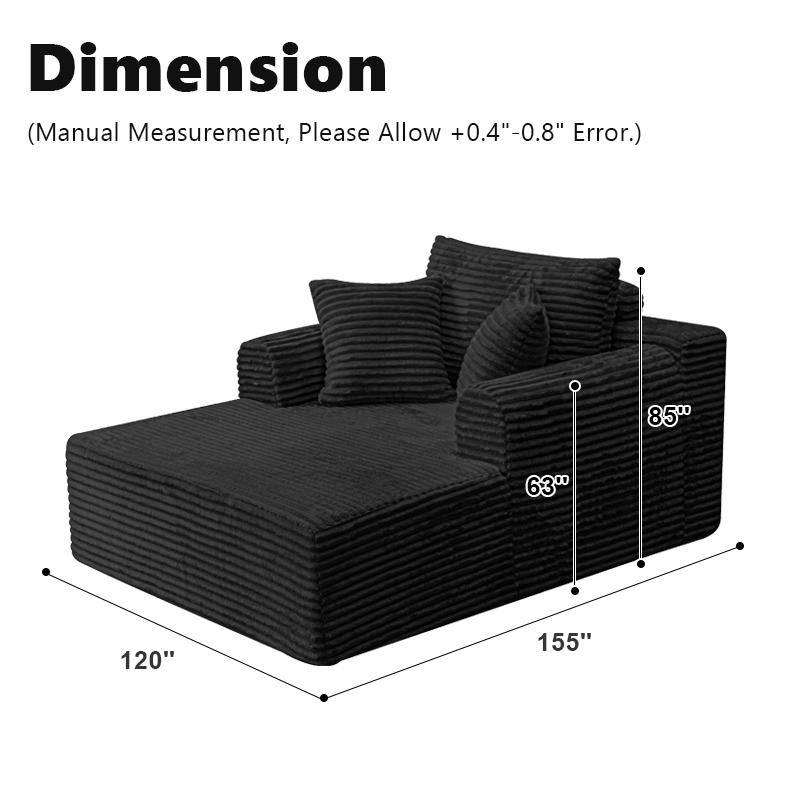 Oversized Boneless Chaise Lounge Upholstered Sofa Bed with Throw Pillows and Armrests Indoor Sleeper Chair Luxurious Plush Corduroy Chair Bed for Living Room No Assembly Required Black Color