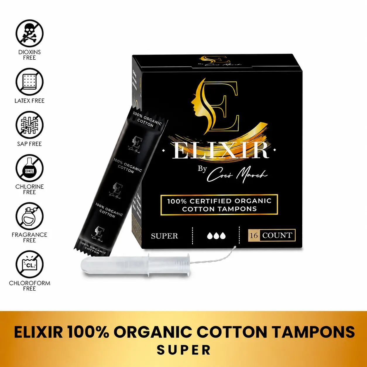 Elixir by Cocó March Organic Cotton Tampons, Super Feminine Care Tampons for Women (16ct) Comfort Hypoallergenic