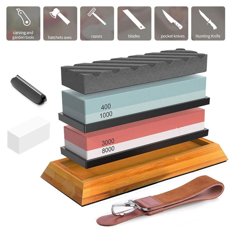 【Black Friday】Knife Sharpening Stone Set, Whetstone，Knife Sharpener Stone Set 4 Side Grit 400/1000 3000/8000, Professional Include Non-Slip Bamboo Base, Leather Strop, Flattening Stone & Angle Guide kitchen sharpener angle guide