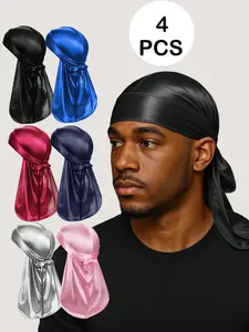 4 Pcs Men’s Silk Durags with Elastic Band – Solid Color Pirate-Style Breathable Soft Head Wrap, Extra Long Tail for Waves, Unisex Casual Comfort, Ideal for Running, Cycling, Hiking, Camping & Christmas Costumes​