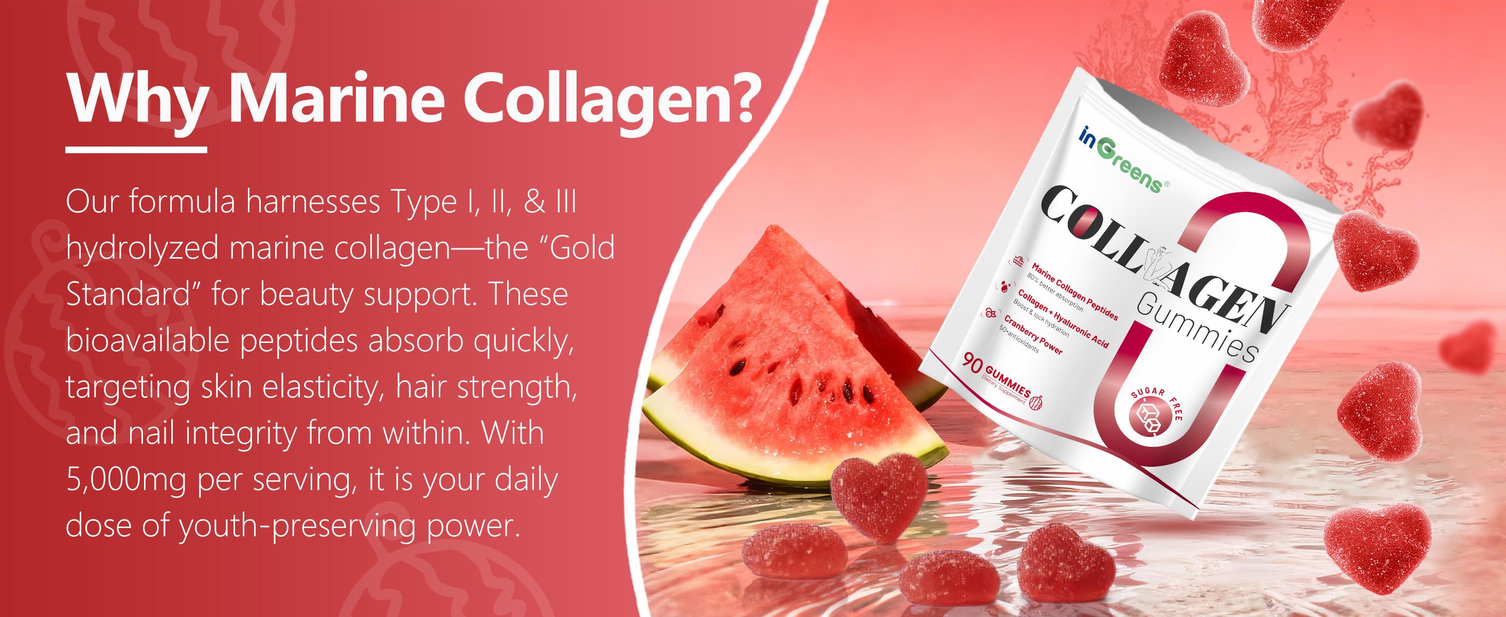 InGreens Collagen Gummies with Hydrolyzed Marine Collagen 5000mg Supplement for Women Aging & Healthcare Zero Sugar 30 Days Serving 90 Gummies US