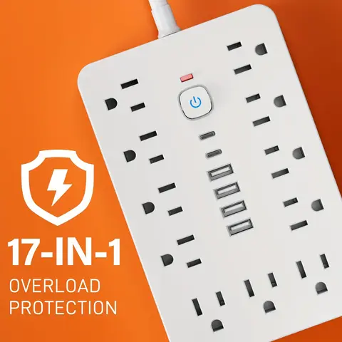 17-in-1 Rectangular Power Strip Surge Protector - 11 AC Outlets, 6 USB Ports (2 Type-C), AC 125V/10A 1250W Max, AC100-250V~50/60Hz, Over-Voltage/Overload Protection, 1-Touch Switch, 45° Rotating US Plug, Wall-Mountable Universal Socket for Home, Office