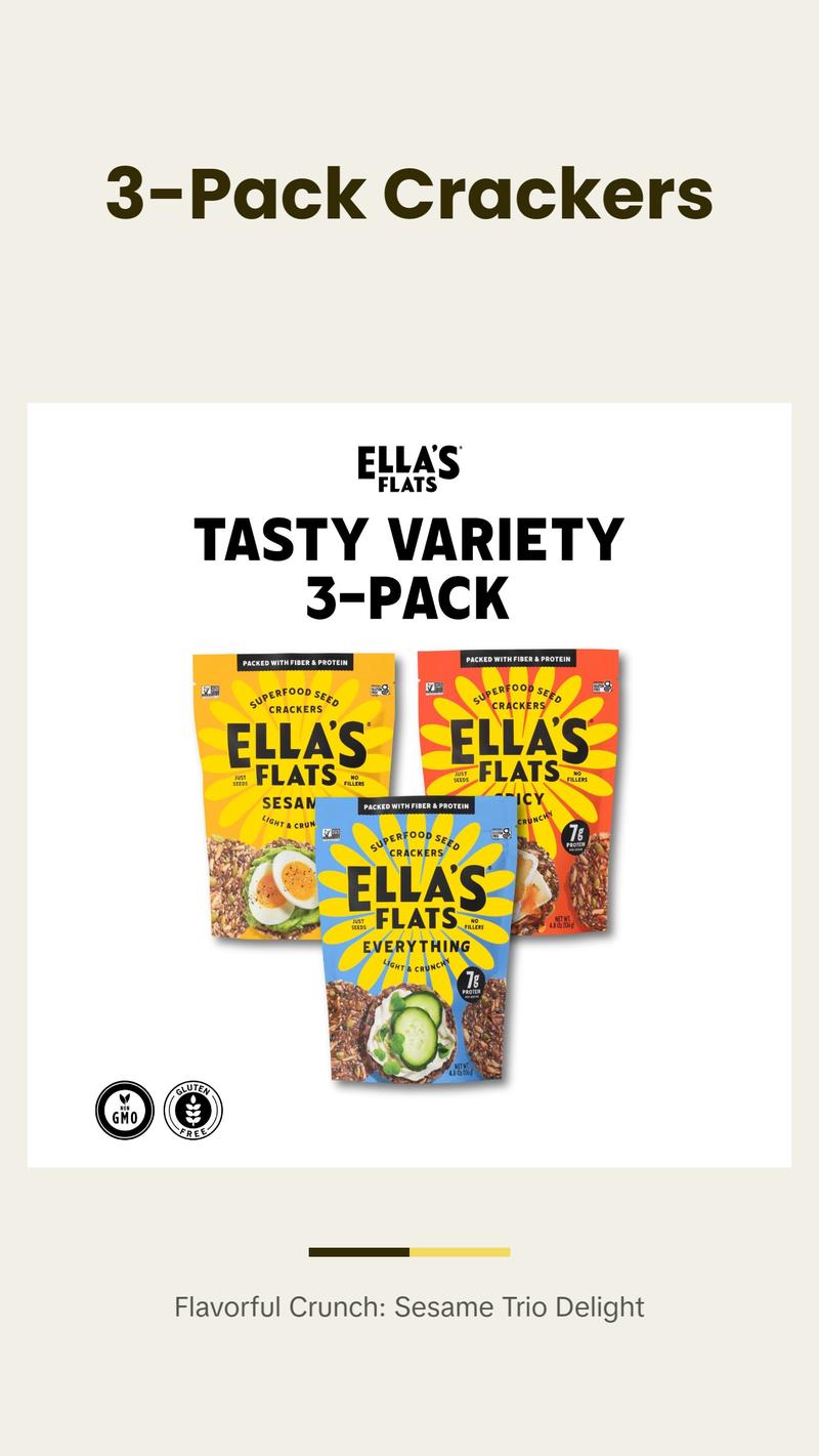Ella's Flats  Tasty Variety 3-Pack | Sesame |  Everything | Spicy | 4.8oz | Light & Crispy Sesame Seed Crackers Snack Fiber