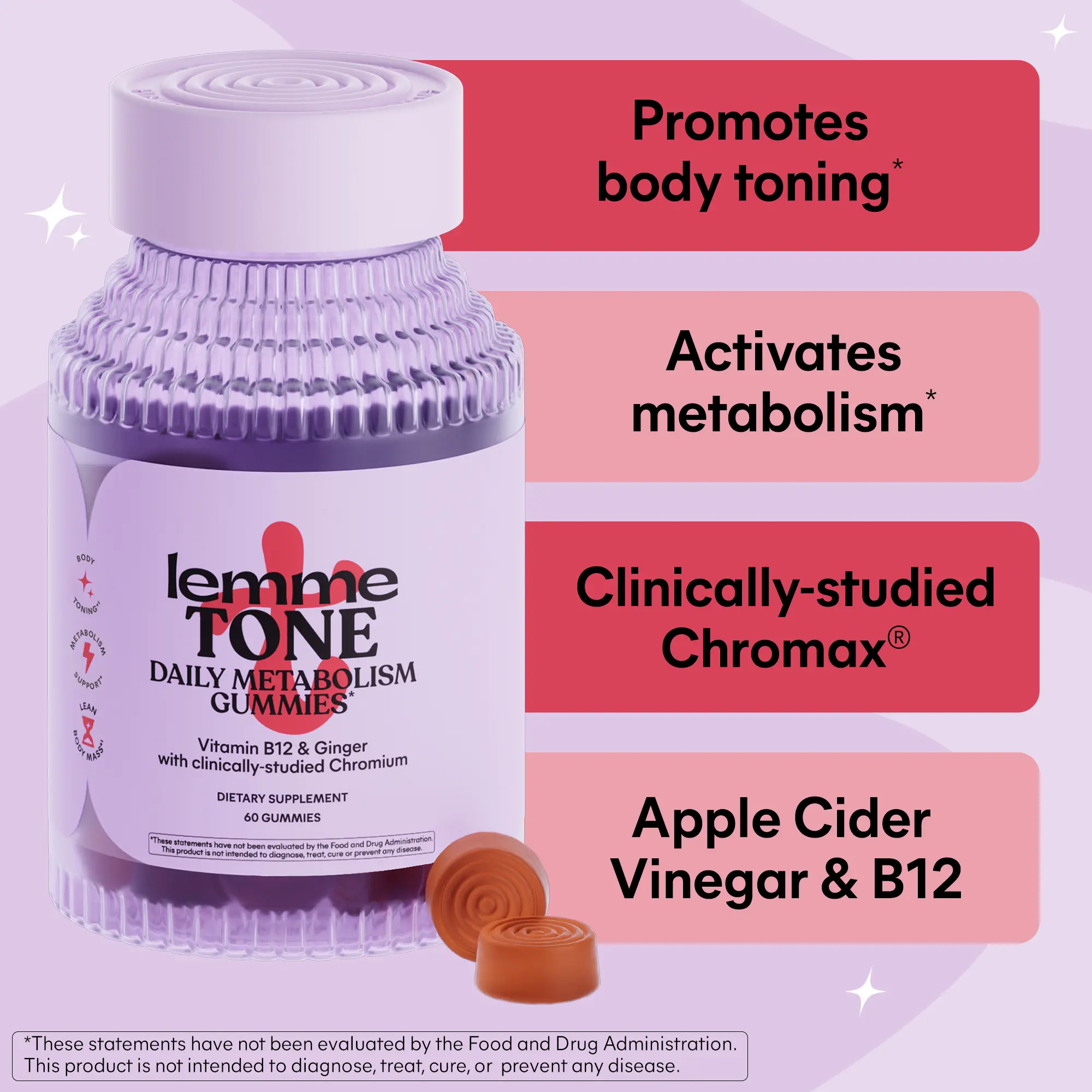 Lemme Tone Metabolism Gummies, Apple Cider Vinegar, Clinically Studied Chromium, B12, Ginger Root Extract, Watermelon Apple Flavor (30 Day Supply)