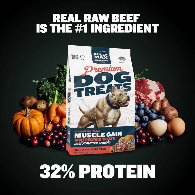 Bully Max Premium High Protein Dog Treats for Puppy & Adult Dogs - Training Dog Food Treats with 32% Protein, Real Meat, Veggies & BCAAs, 400g Bag