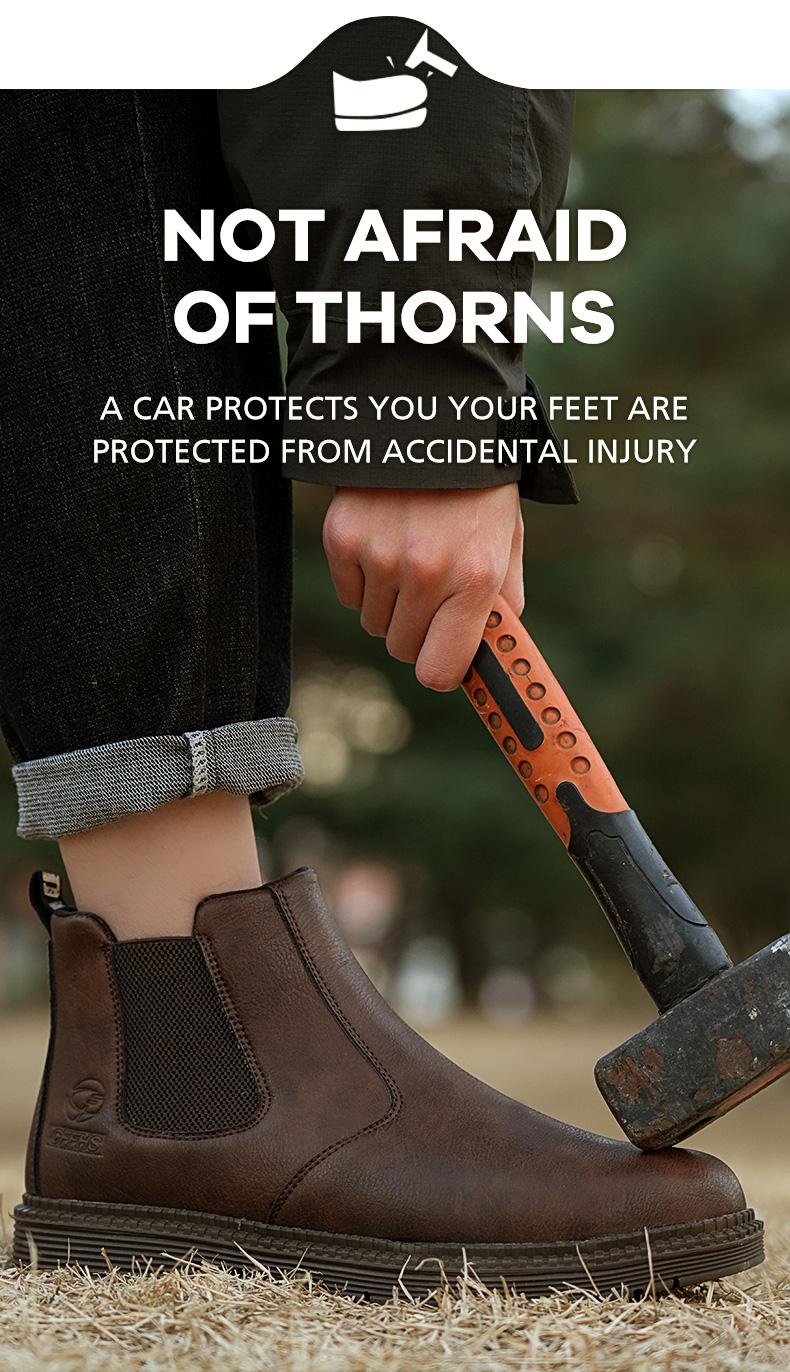 Men's steel-toe sports non-slip work shoes, high-top leather safety boots, have protective functions like anti-smashing and anti-piercing. They are footwear products, Fathersdaygift Boy Closed Bathroom Brown