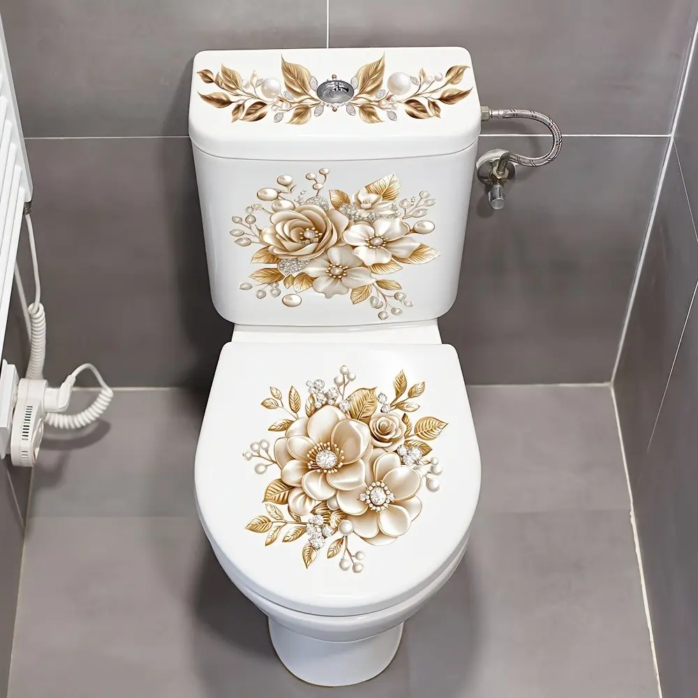 3-Piece Bathroom Toilet Stickers Set, Floral PVC Self-Adhesive Decorative Decals, Matte Finish Irregular Shape Luxury Design, Bathroom Decor Supplies