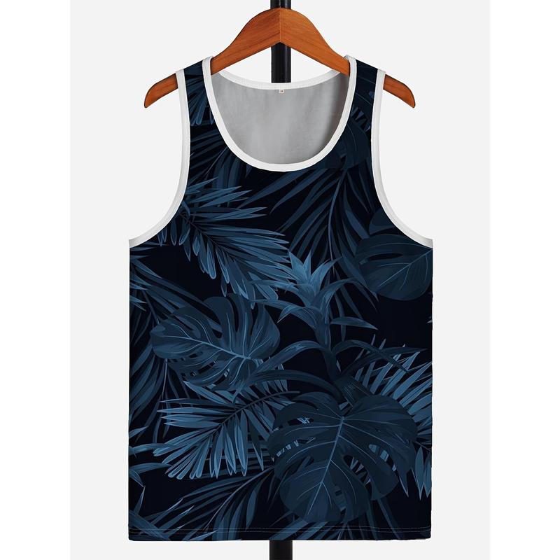 Men's Hawaiian Style Tropical Beach Plant 3D Digital Print Sleeveless Tank Top - Quick-Dry, Stretch Fabric, Perfect for Summer Vacations & Fitness, Machine Washable