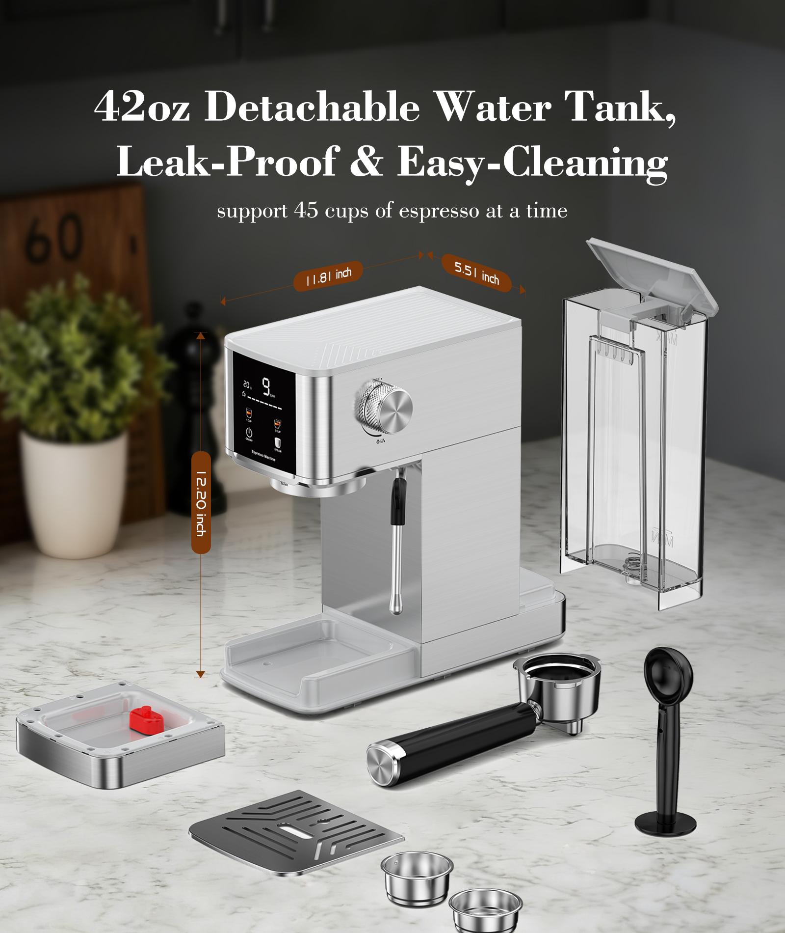 COWSAR 20 Bar High Pressure Stainless Steel Drip Coffee Maker with Touch Control Panel 1.2L Removable Transparent Water Tank for Residential Use