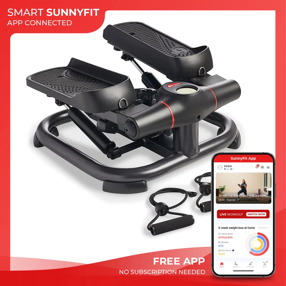 Sunny Health & Fitness Premium 2-in-1 Mini Power Stepper with Resistance Bands, Home Gym Workout Fitness, Compact Home Cardio Machine, Stair Stepper, Portable Quiet Elliptical Motion, Leg/Thigh/Glute Toner, Full-Body Rehab & Fat Burn, 330 lbs Capacity