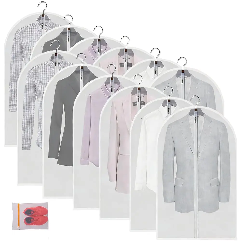 MsKitchen Translucent Garment Bags 12-Pack, 24 x 40 In. Hanging Clothes Covers with Full Zipper for Suits and Dresses