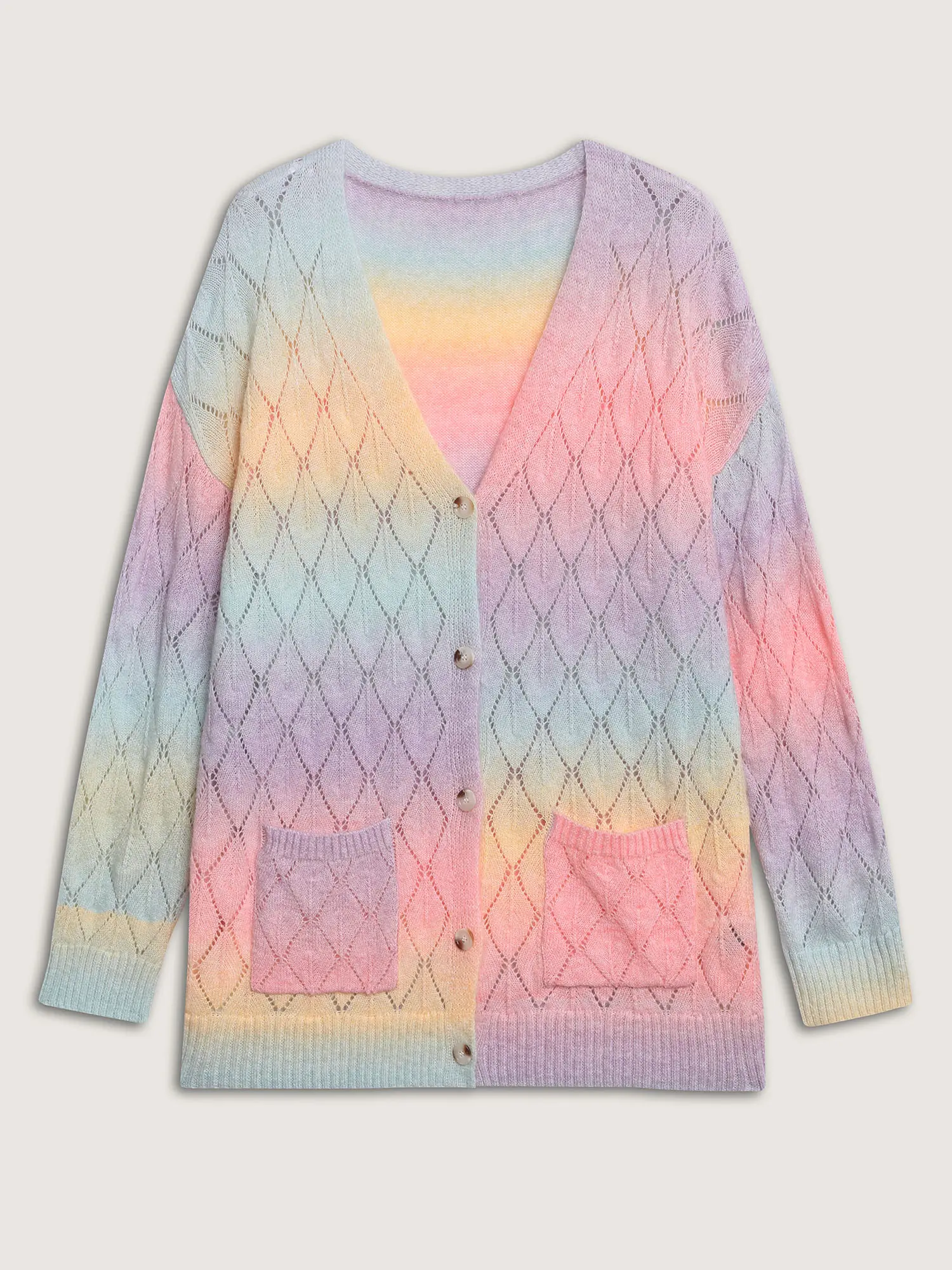 BloomChic Women's Plus Size Multicolor 2-Tone Ombre Cardigan - Casual V-Neck Medium Length Low Stretch for Steady Fit Knitwear with Pockets, Eyelet Trim, Long Sleeves, Nylon-Polyester Blend, Low Iron, Affordable 12/L Top