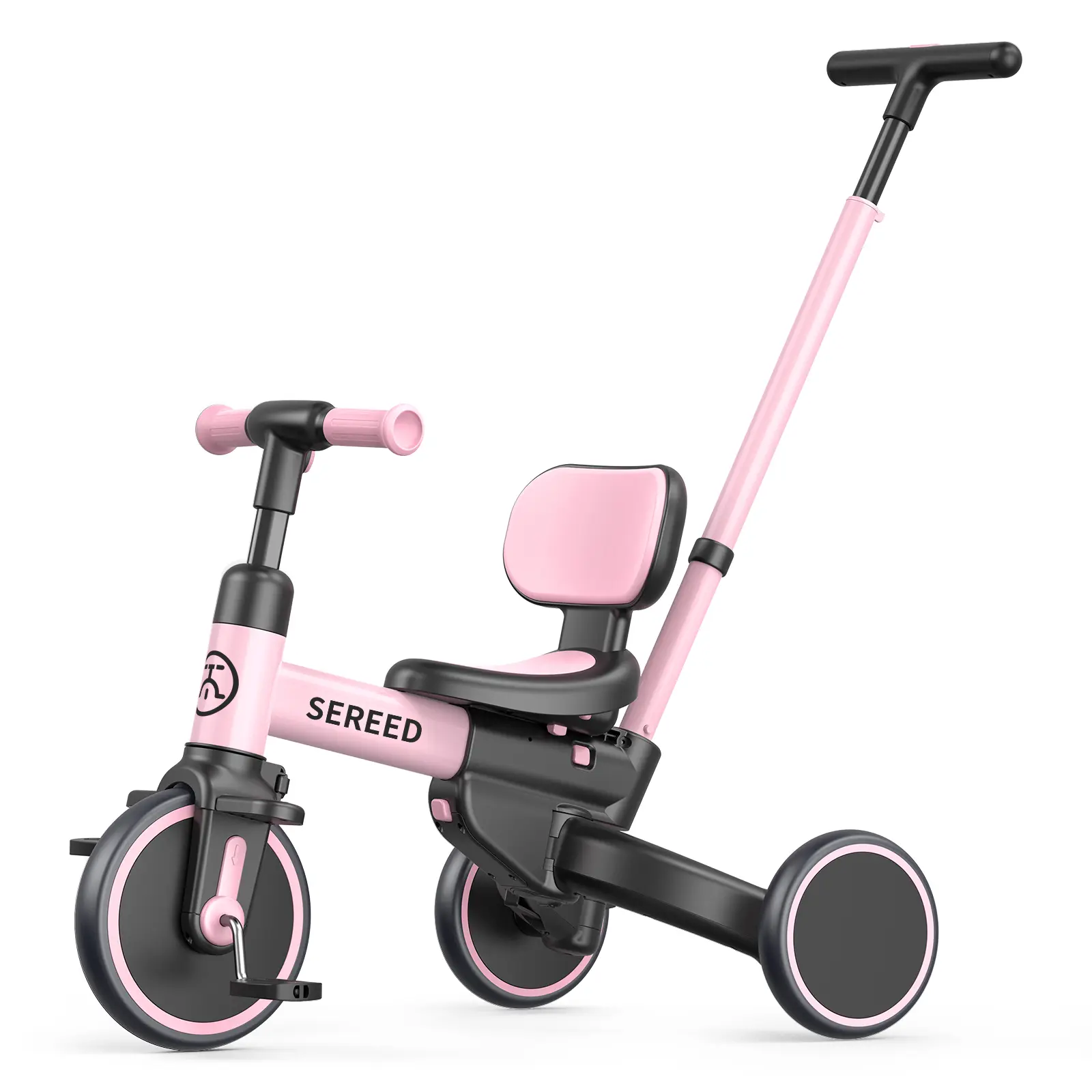 SEREED 5-in-1 Multi-Mode Aluminum 3-Wheel Baby Bicycle for 1+ Years Toddlers - Detachable Parent Steering Push Handle, Adjustable Handle/Seat, Backrest, Removable Pedals, Grows with Your Child, Outdoor Ride-On Toy Gift for Girls