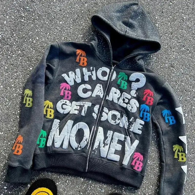 Y2K Zipper Hoodie Bubble Print Letter Pattern Jacket Hip Hop Sweatshirt Unisex