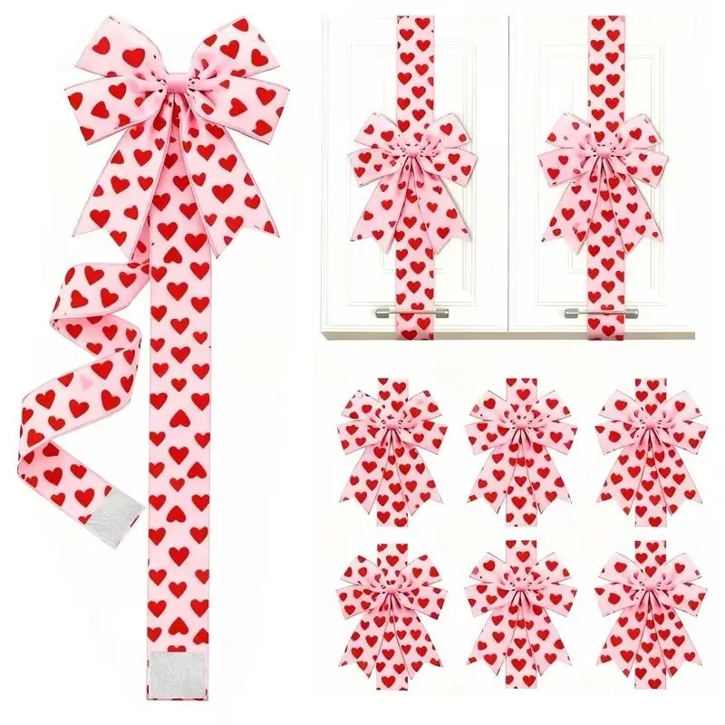 Valentine's Day Pink Heart Large Polyester Fringe Bow Decoration - 79x2.4 in, Battery-Free, Easy-to-Install Home Decor Ornaments for Cabinet Doors, Festive Party Supplies Ornaments, Hanging Decor