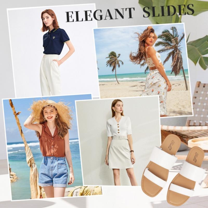 Women's Flat Sandals Two Strap Slide Sandals Square Toe