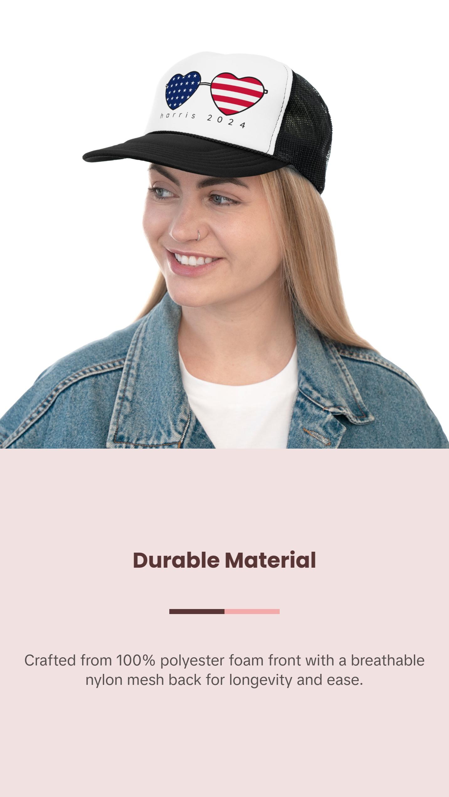 Kamala Harris Trucker Hat - American Flag Hearts Cap