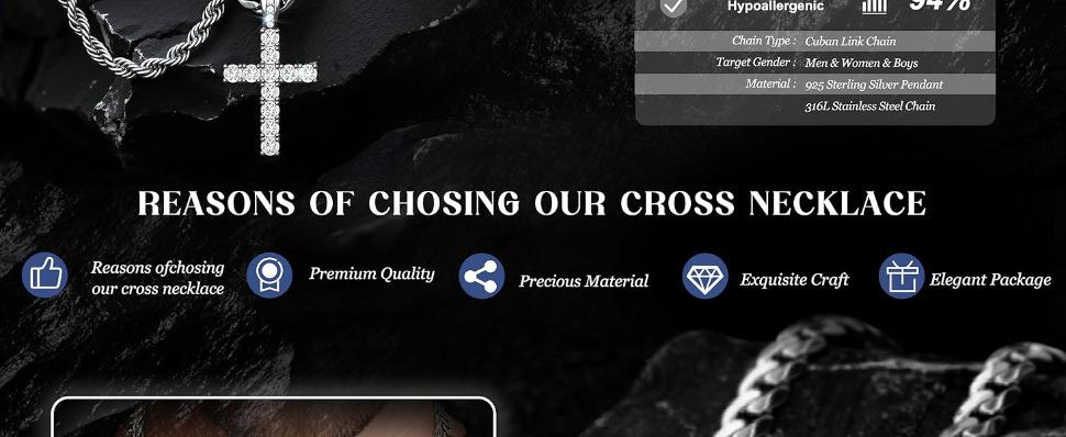 S925 Silver Cross Pendant Necklace Set for Men Women CZ Cross Pendant Layered Necklaces Stainless Steel Cuban Link Rope Chain Necklace Stack Jewelry with Gift Box 16-30 Inches