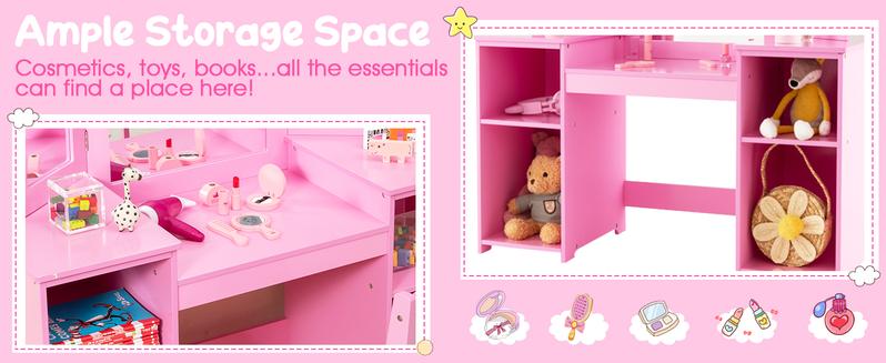 Costzon Kids 2-in-1 Princess Vanity, Kids Vanity, Wooden Vanity Table with Stool & Drawer, Removable Top, Princess Pretend Playset for Little Girls,Father's Day Gift