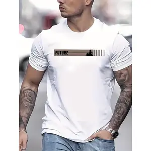 Men's Future Print Crew Neck T-Shirt Short Sleeve 95% Polyester 5% Spandex Slight Stretch Regular Fit Summer Casual Top Black