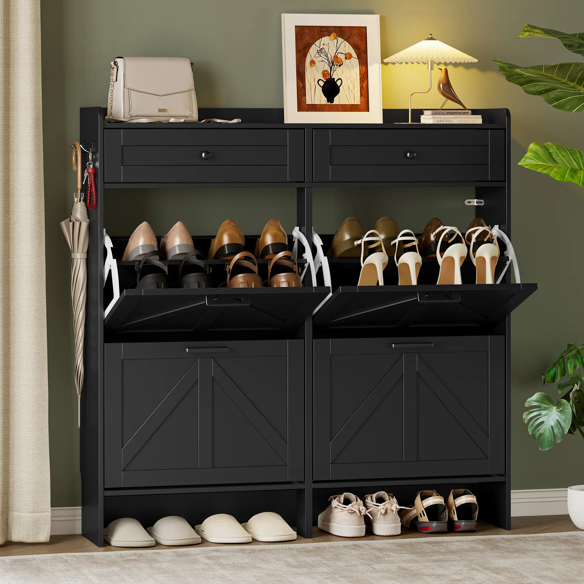 Shoe Storage Cabinet for Entryway, Farmhouse Wide Shoe Cabinet with 4 Flip Drawers and 2 Top Drawers, Freestanding Organizer with Adjustable Shelves, Hooks, and Anti-Tip Kit for Hallway fathers day gift ideas,dorm essentials,home decor