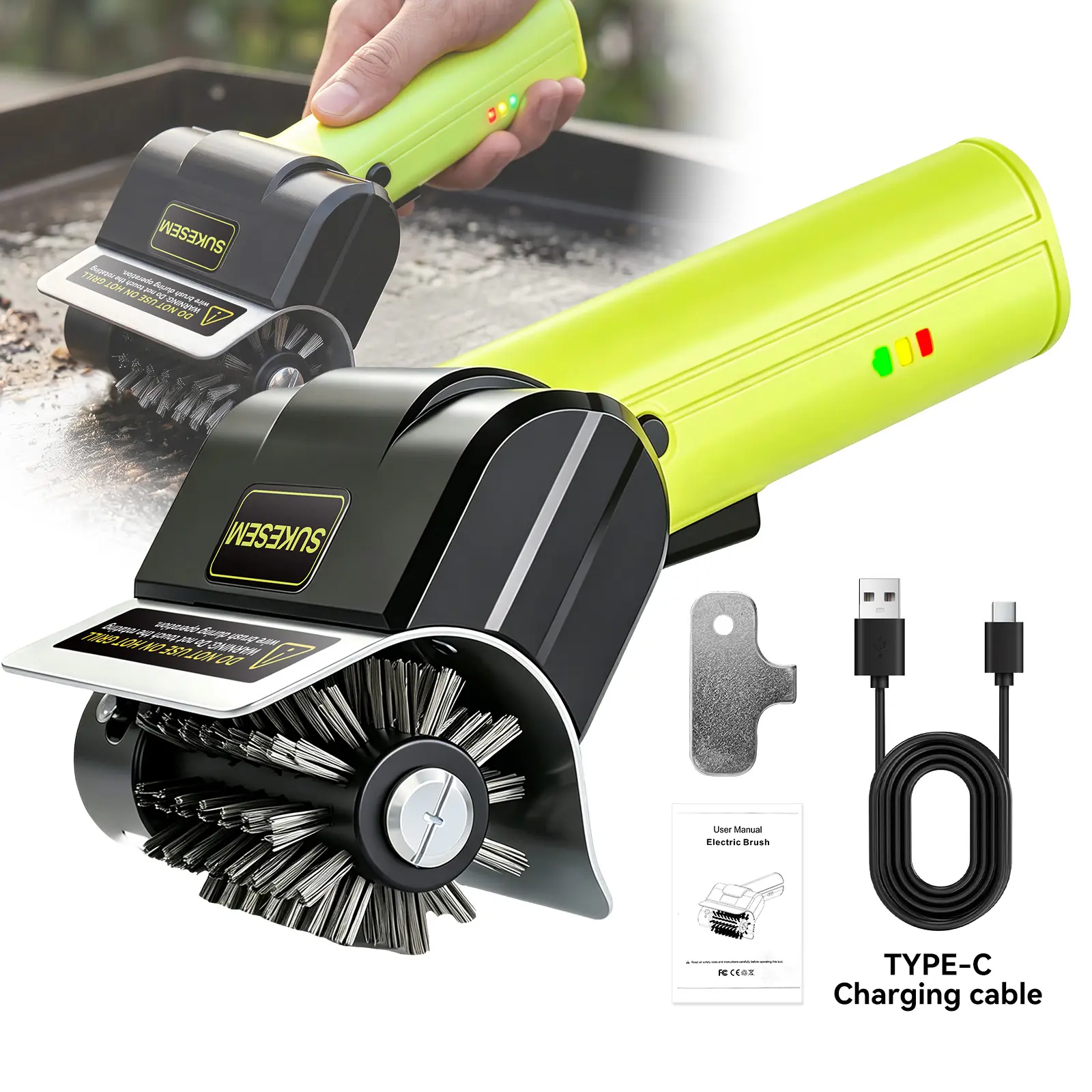 SUKESEM Cordless Electric Grill Brush, Rechargeable BBQ Grill Cleaner with Stainless Steel Brush Head, LED Light & Battery Indicator for Grill Grates, Oven Rack & Cast Iron