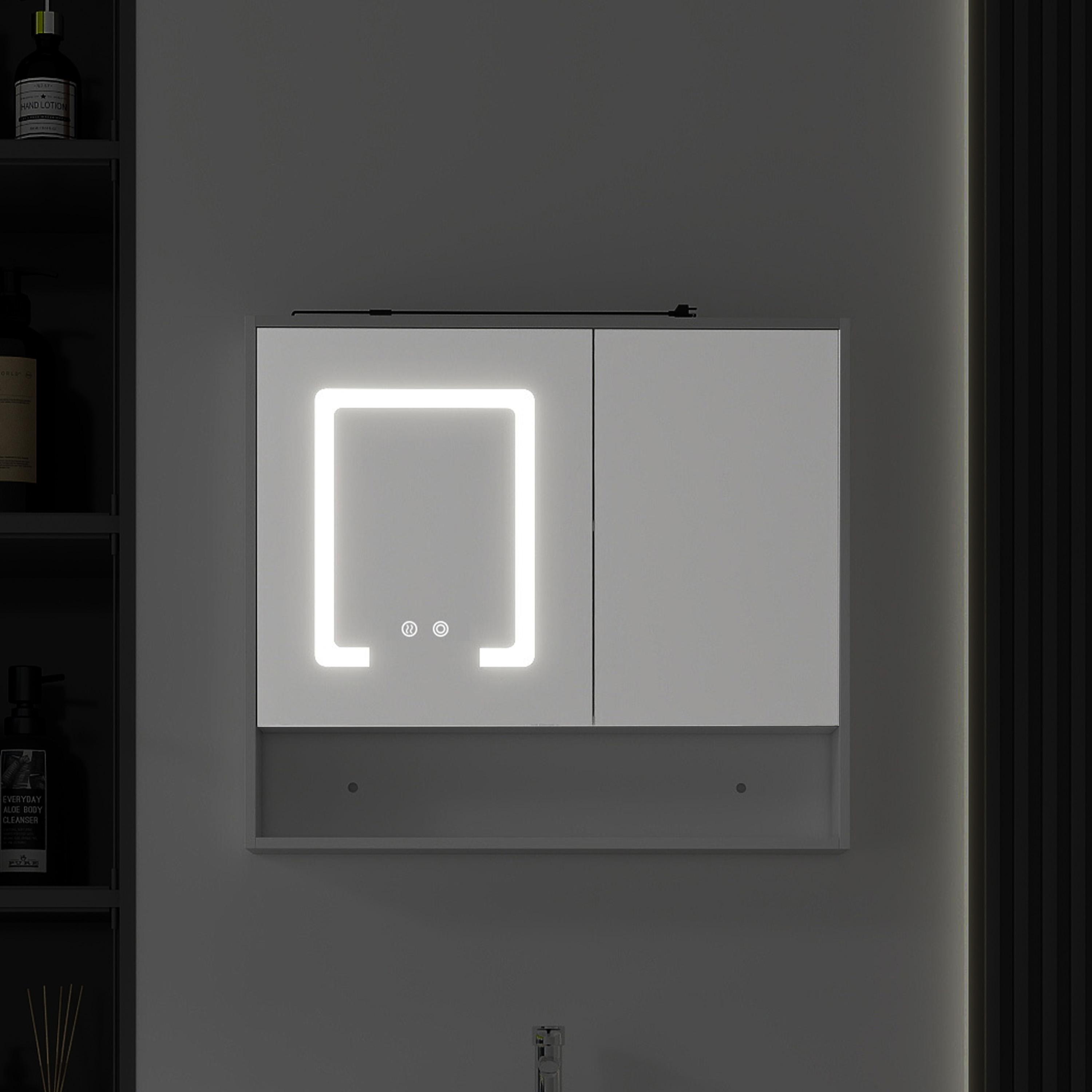 32-Inch Modern Wall Mount LED Ring Light Up Bathroom Mirror Cabinet, Anti-Fog Dimmable Touch Control, Open Recessed Storage Nook, Soft Close Double Doors, Moisture Resistant Solid Plywood Medicine Vanity for Shower, Powder Room, Wall Mirror