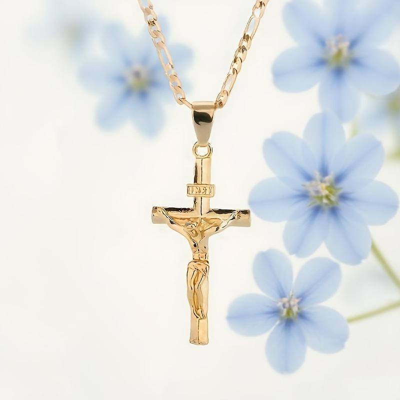 Men's Vintage 14K Gold Plated Jesus Cross Necklace, Smooth & Sturdy Chain, Versatile Religious Jewelry for Daily Wear, Parties & Gifting