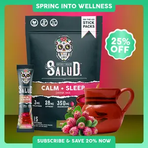 Salud 2-in-1 Sleep Aid + Calm Drink Mix, Prickly Pear Flavor, Melatonin, Magnesium, Saffron Extract, L-Theanine, Non-GMO, Gluten Free, Vegan, Low Calorie, 1g of Sugar (15 Servings)