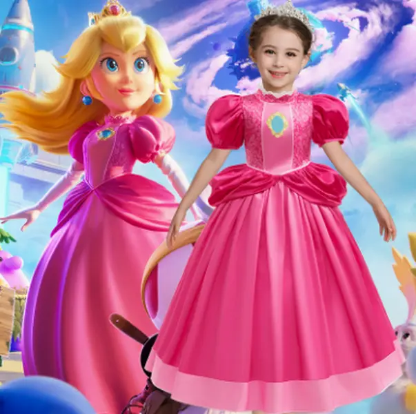 Girls Pink Princess Dress, Magical Fairy Tale Costume Gown with Puff Sleeve Design, Kids Royal Dress Up Outfit for Halloween, Birthday Party, Cosplay & Events