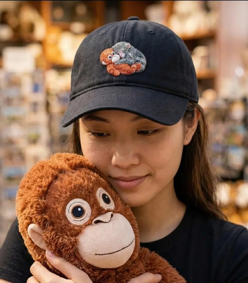 Punch Emotional Support Monkey Embroidered Baseball Cap, Team Punch, Cute Baby Monkey with Stuffed Toy Cap, Animal Lover Hat