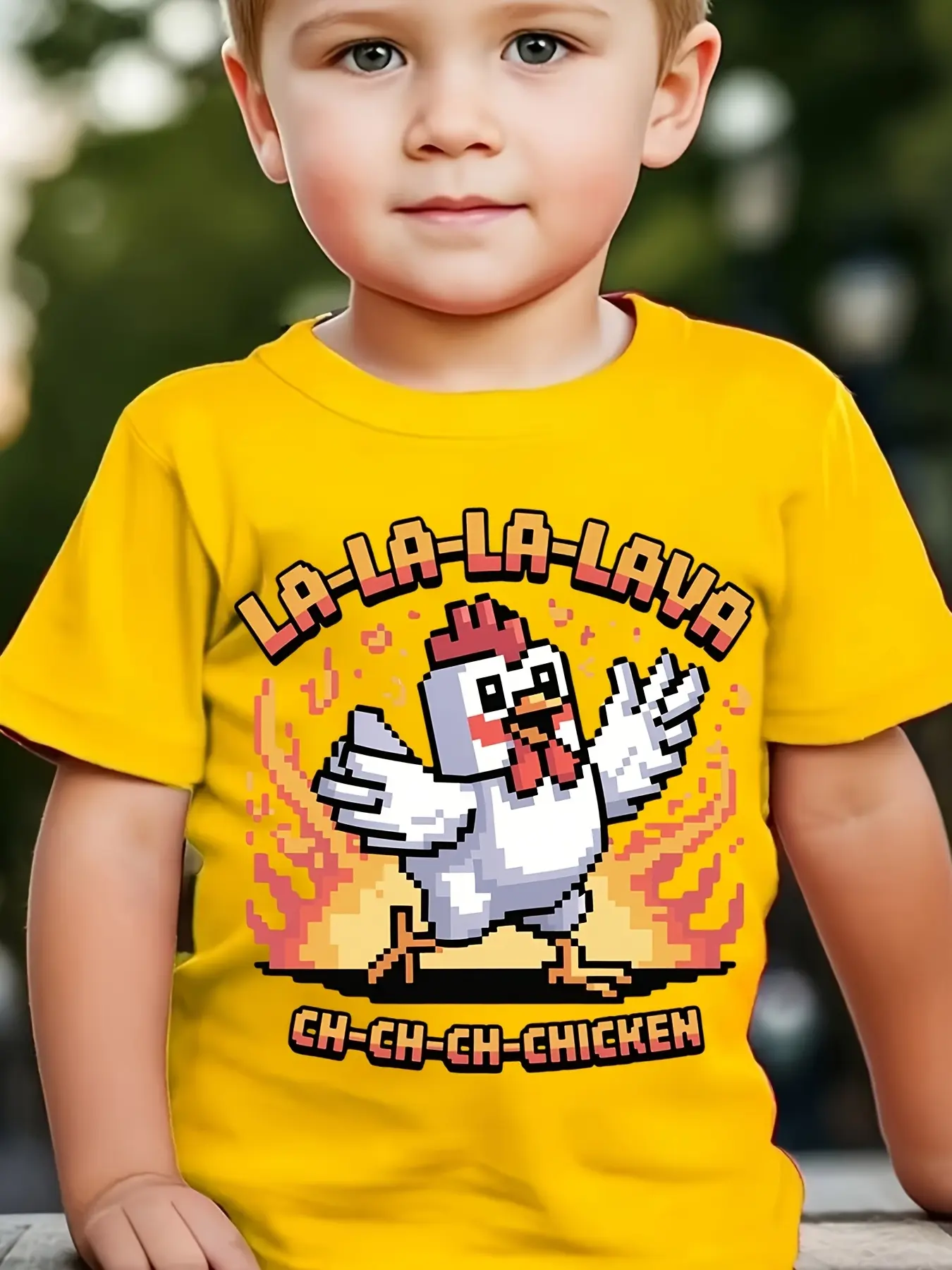 Kids' Basic Cotton Short Sleeve T-Shirt, Lava Pixel Art Chicken Graphic, Scoop Neck, Fitted, for 2-3y/3-4y/4-5y/5-6y/6-7y/7-8y Boys Girls