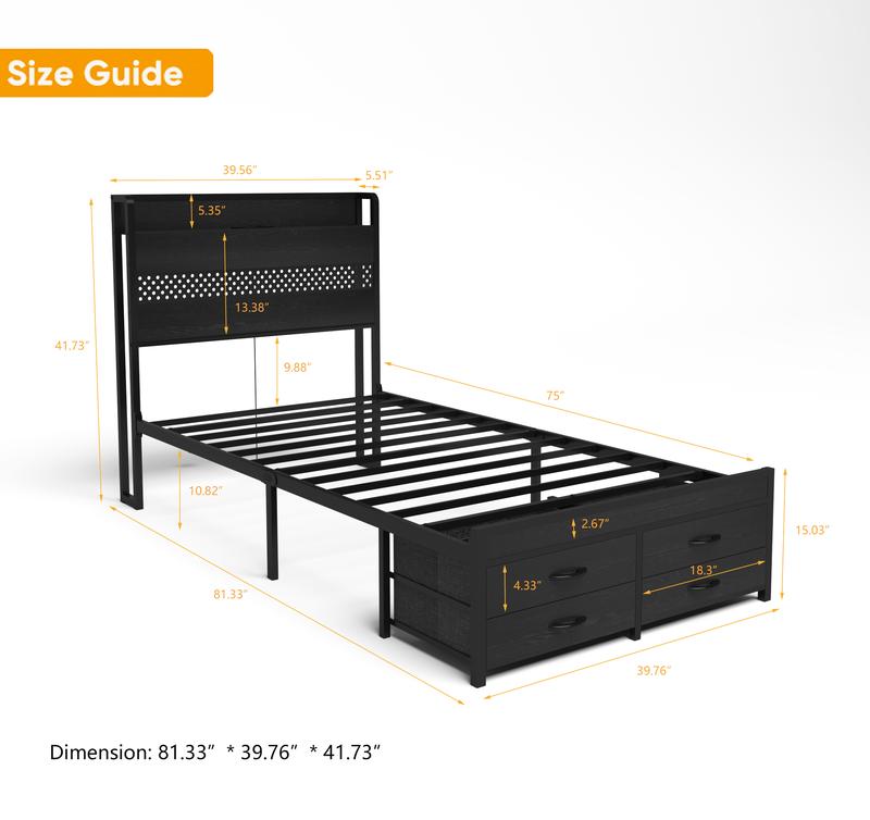 SMART BED FRAME ALERT! ️ Twin Size Bed Frame with Storage Drawers, RGB LED Lights & Charging Headboard – Platform Bed, No Box Spring Needed | Modern Bedroom Furniture for Teens, Kids, Adults | Space Saving, Black Metal Frame, Under Bed Storage & USB Ports