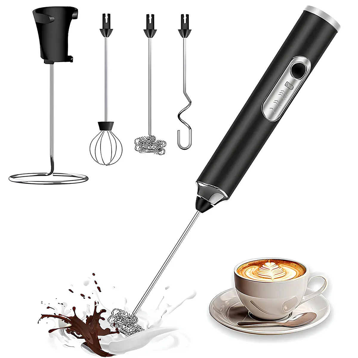 3-Heads USB Rechargeable Milk Frother Wand - USB Plug, 1200mAh, Button-Operated Coffee Stirrer, 3-Speed Adjustable Electric Whisk, ABS Lightweight Ergonomic Handle, Detachable for Coffee, Lattes, Detachable Heads