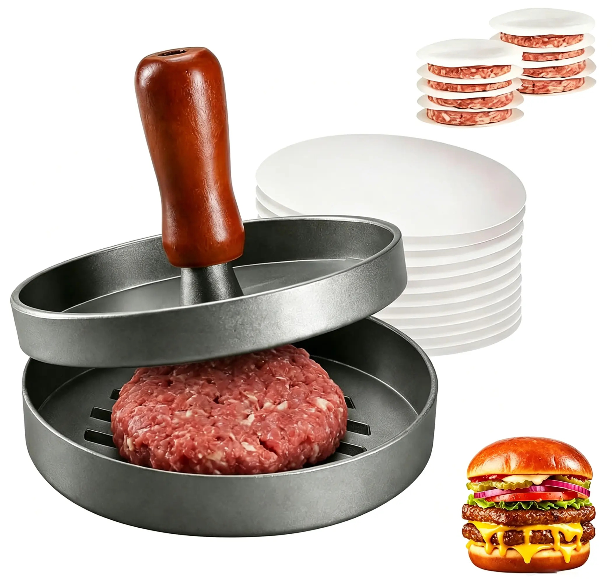 Burger Meat Press with 100 Oil Papers,Non-stick Stainless Steel Burger Press with Handle,Burger Meat Patty Maker for Kitchen, Grill, Barbecue